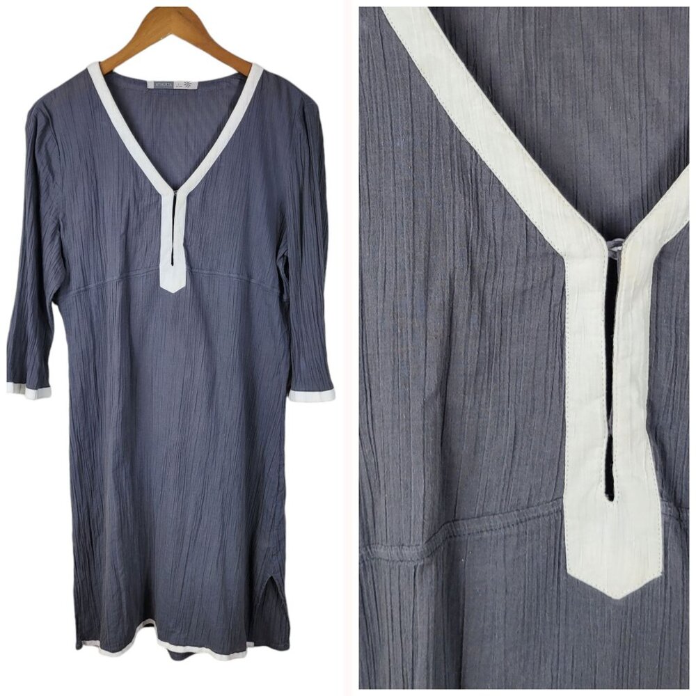 Athleta Crepe Crinkle Tunic Dress Large Gray White Trim 3/4 Sleeves lightweight